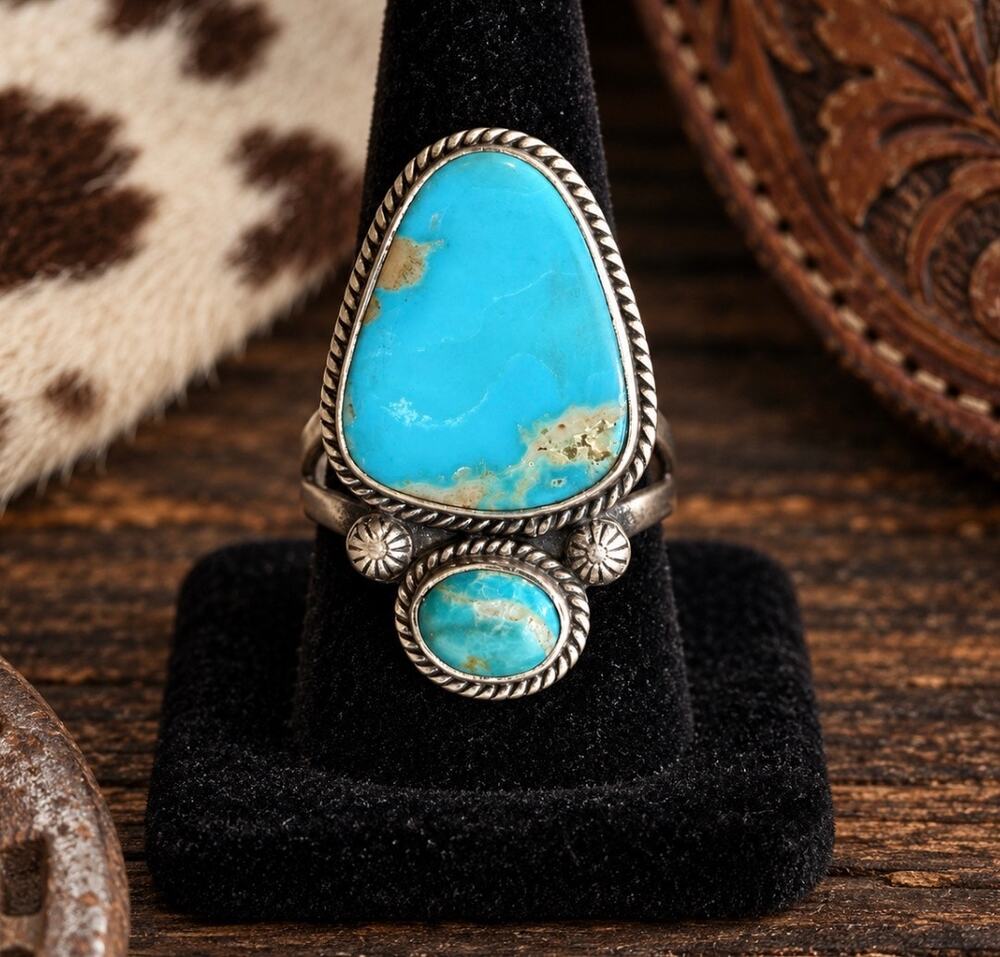 Mojave Blue Turquoise Two-Stone Statement Ring – Adjustable Sterling Silver